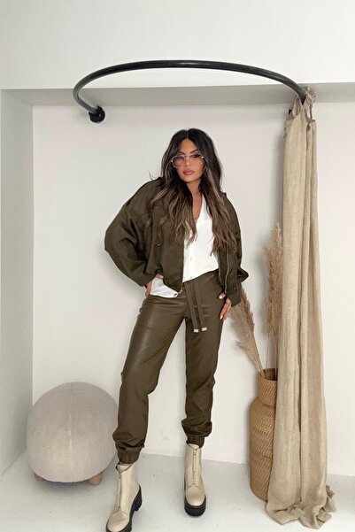 Sohotique By P Elastic Waist Jogger Leather Pants Khaki