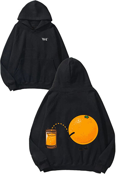 THEWERT سويت شيرت بتصميم عصير البرتقال مطبوع أسود بغطاء رأس