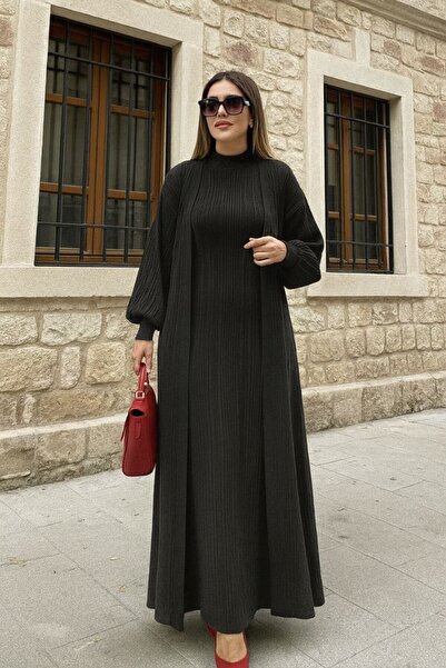 GİYSİ DÜNYASI 57 Triko Fabric Knitted Detail Cardigan Dress Full Length 2-Piece Set