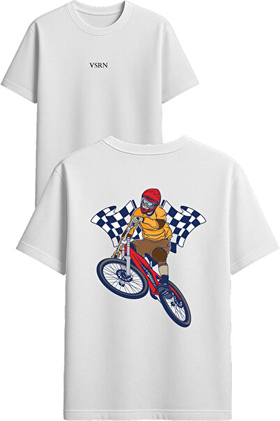VSRN Tricou oversize alb cu imprimeu design curse de biciclete