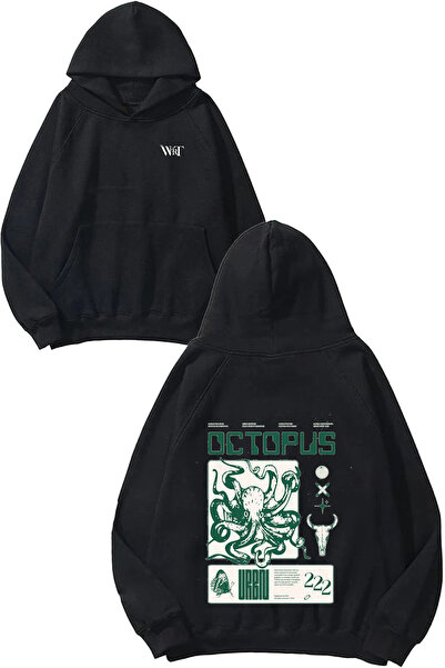 THEWERT Green Octopus Design Spate cu imprimeu Negru cu glugă Swea tricou