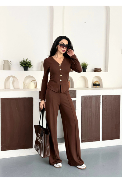 asfamoda Γυναικεία ζακέτα με λεπτομέρεια με χρυσό κουμπί σε καφέ χρώμα καμπάν...