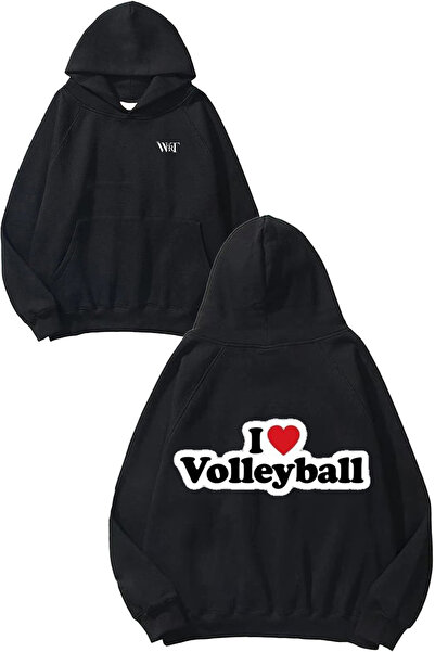 THEWERT سويت شيرت I Love Volleyball Design Back مطبوع أسود بغطاء رأس