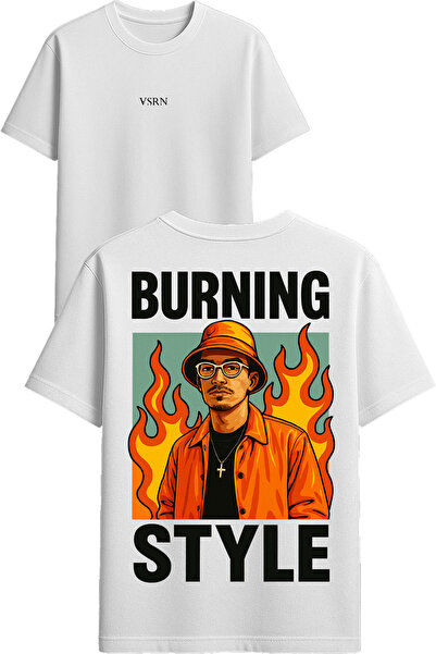 VSRN تي شيرت بتصميم بيرنينج ستايل مطبوع أبيض قصة فضفاضة