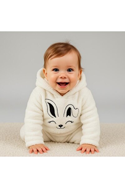 nevrankids Rabbit Embroidered Welsoft 2-Piece Baby Set (with Ears Hooded) - Ecru