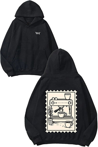 THEWERT سترة بتصميم محطة القهوة مطبوع سوداء بغطاء رأس