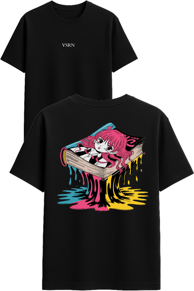 VSRN تي شيرت أنمي كيد تصميم مطبوع أسود قصة فضفاضة