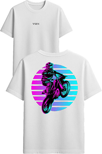 VSRN تي شيرت موتوكروس ديزاين مطبوع أبيض قصة فضفاضة