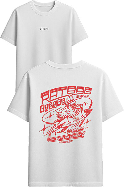VSRN تي شيرت جراج ديزاين مطبوع أبيض قصة فضفاضة