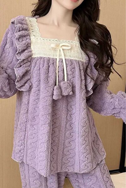 ÇEÇEN HOME Set de pijamale în stil prințesă de iarnă pentru femei, îmbrăcăminte dulce și drăguță pentru acasă cu detaliu de panglică