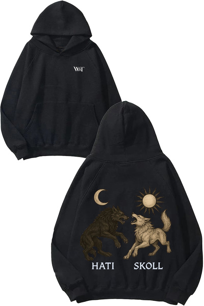 THEWERT Design Soare și Lună Spate cu imprimeu Negru cu glugă Swea tricou