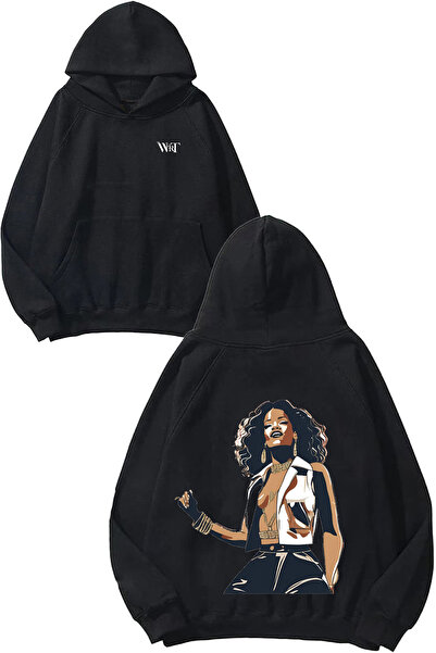 THEWERT Rihanna 1 Design Spate cu imprimeu Negru cu glugă Swea tricou