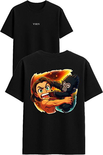 VSRN تي شيرت بتصميم غوريلا هيومن فايتر مطبوع أسود قصة فضفاضة