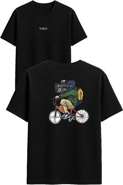 VSRN تي شيرت راديو بايك ديزاين مطبوع أسود قصة فضفاضة