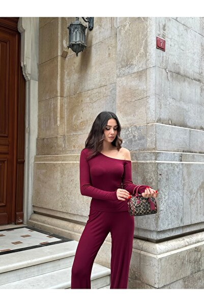 FEWTİNT Asymmetrical Neckline, Long Sleeves, and Off-The-Shoulder Blouse. Elastic Waist Long Pants.