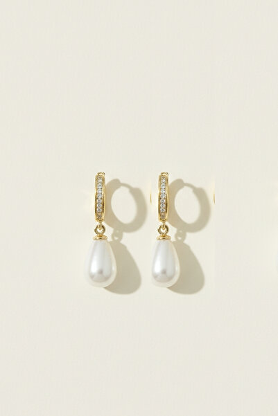 mefshop Gold Renk 925 Ayar Gümüş Mayorka İnci Küpe – Işıltılı Damla Formlu 8x...