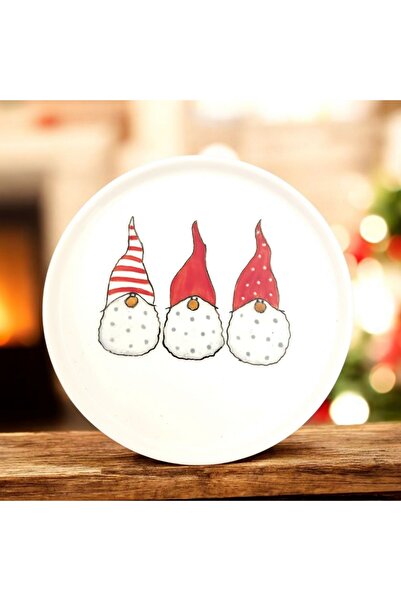 Mimoza Porselen Kırmızı mini cüceler desenli porselen yuvarlak mini sunum tabağı