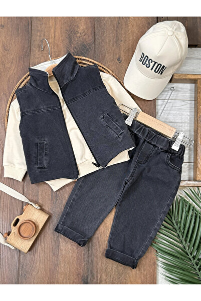 Bolly Baby Boston Yelekli Şapkalı Oversize Sweatshirt Likralı Kot Erkek Bebek...