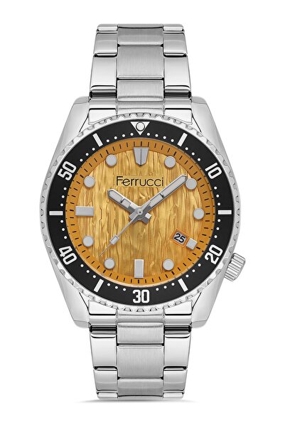 Ferrucci ساعة يد رجالية باللونين الفضي والأسود، مينا برتقالي - سوار معدني أني...