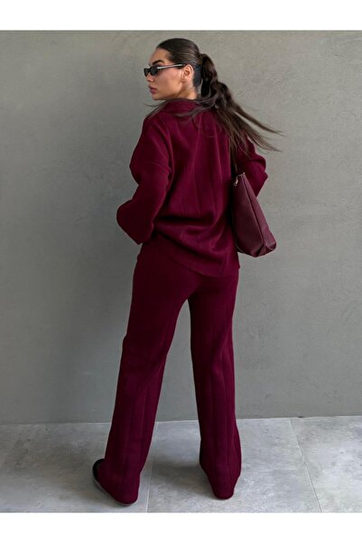 Madmext Burgundy Relaxed Fit Stitching Detail Women's Knitwear Set Mg2584