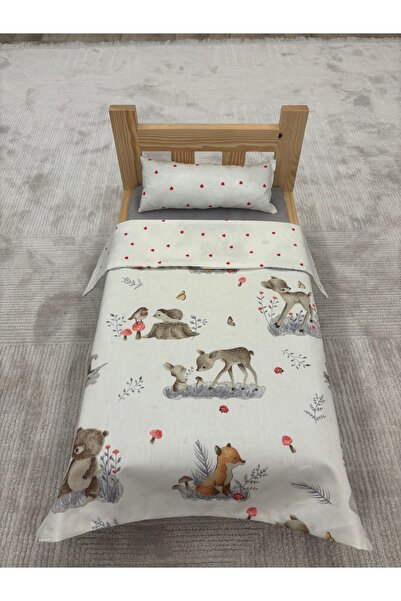 Montessori Yatak + Nevresim + Ahşap Oyuncak Bebek Yatağı (oyuncak hariç) (Kalpli-Hayvanlı)