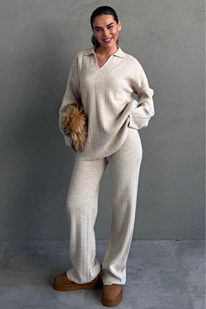 Madmext Beige Relaxed Fit Stitching Detail Women's Knitwear Set Mg2584