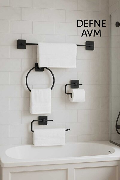 DEFNE AVM Yapışkanlı 4lü siyah banyo set uzun havluluk rulo havluluk peçeteli...