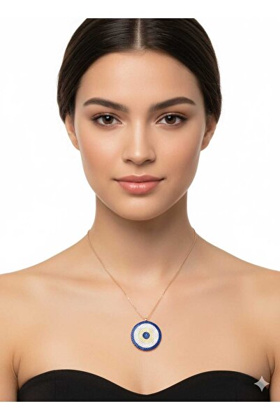 Papatya Silver 925 Ayar Büyük Boy Nazar Göz Kolye.rose.gold.rodaj