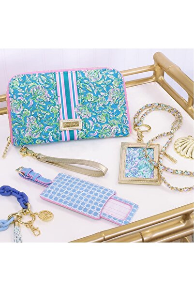 Lilly Pulitzer Short Lanyard ID Card Holder Keychain Wallet with Zipper Gold 'Soleil et On Me'