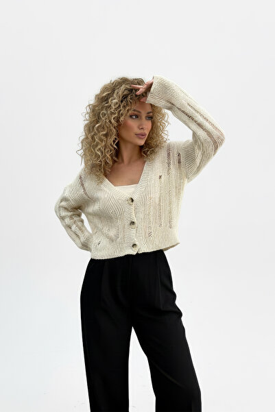 Nerth Women's Lace-Like Knit Button Detailed Knitwear Cardigan