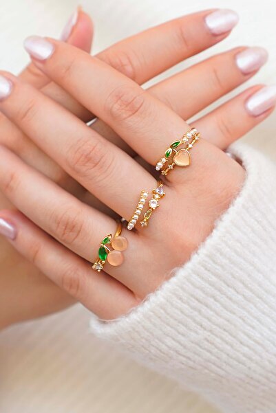 TREND COLLECTİON Renkli Taşlı Altın Renk Kadın Yüzük Seti (3’lü) – İnci & Taş...