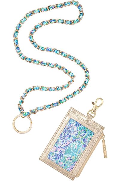 Lilly Pulitzer Short Lanyard ID Card Holder Keychain Wallet with Zipper Gold 'Soleil et On Me'