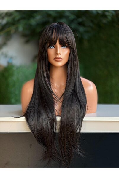 Fenomen Peruk Siyah Katlı Kesim Uzun Vip Peruk