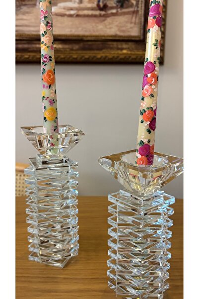 Kiri Dekoratif Kristal Cam İkili Kare Şamdan Şeffaf