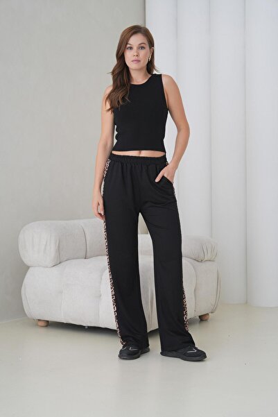 MUZOTEX High Waist Side Leopard Printed Wide Leg Two-Ply Pants