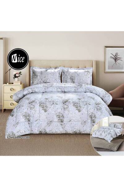 NİCE طقم لحاف صيفي مكون من 4 قطع، بنقشة أوراق فضية، 220×230 سم