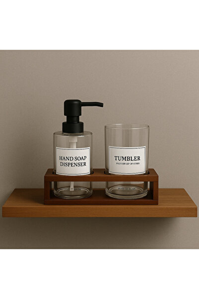 Golden Era طقم موزع صابون زجاجي مع حامل أكاسيا - موزع شفاف عصري وحامل فرشاة أسنان (طقم حمام من قطعتين)