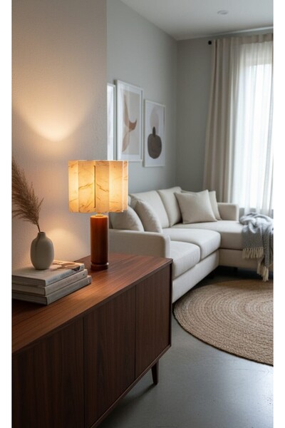 poplinhome Mermer Desen Abajur Şapka Ahşap Ayak Abajur Masa Lambası 40cm Yüks...