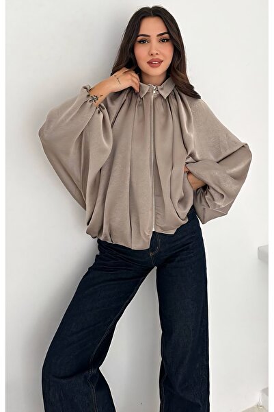 Noa Noa Zippered Collar Detailed Satin Fabric Balloon Sleeve Jacket