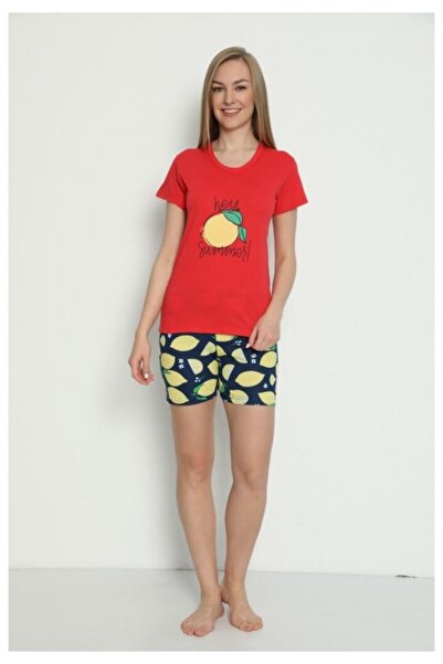 TOSKI Women's short-sleeved pajamas, short pants, Hey Summer, red