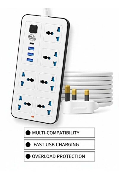 Generic STORECHO-Extension Cord Protector Power Strip with 6 Outlets, 3 USB-A Ports, 1 USB-C Port, Flat Plu