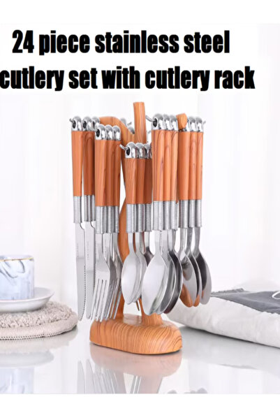 OEM 25-piece set, cutlery with imitation wood handles, stainless steel blades plus hanging bracket