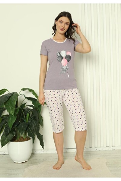 TOSKI Pijama Damă Bumbac – Mâneci și Pantaloni 3/4, Imprimeu cu Baloane, Mov