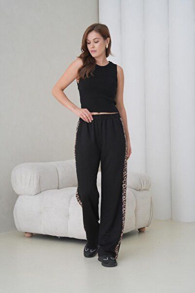 MUZOTEX High Waist Side Leopard Printed Wide Leg Two-Ply Pants