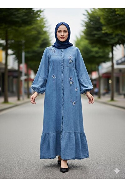 AXXAN Women's Denim Dress, Full-Length, Buttoned, Embroidered, Washed Denim
