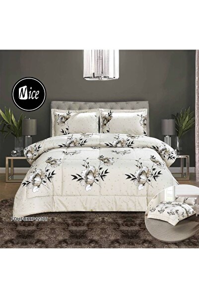 NİCE 4-piece Summer Duvet Set Floral White Silver 220×230 cm
