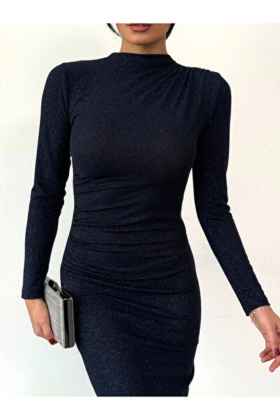 asfamoda Kadın Lacivert Vucudu Saran Simli Parlak Büzgülü Drapeli Midi Boy Uzun Kollu Elbise