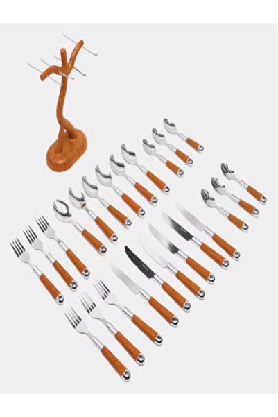 OEM 25-piece set, cutlery with imitation wood handles, stainless steel blades plus hanging bracket
