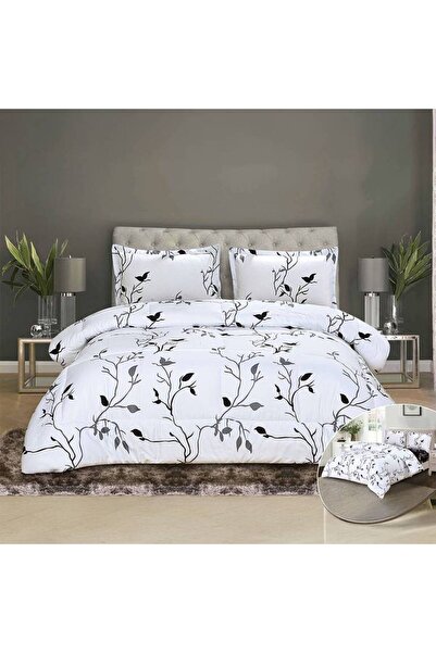 NİCE طقم لحاف صيفي من 4 قطع، أبيض/أسود مزهر، 220×230 سم