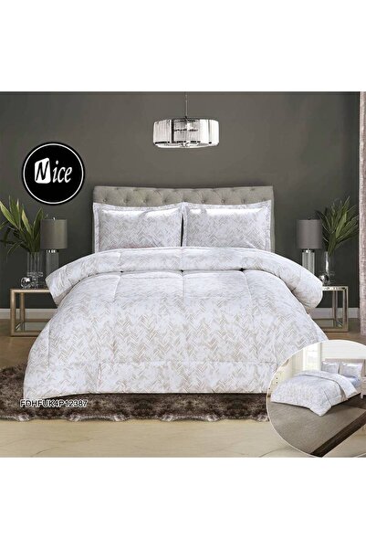 NİCE 4-piece summer quilt set, printed leafy coffee, 220×230 cm
